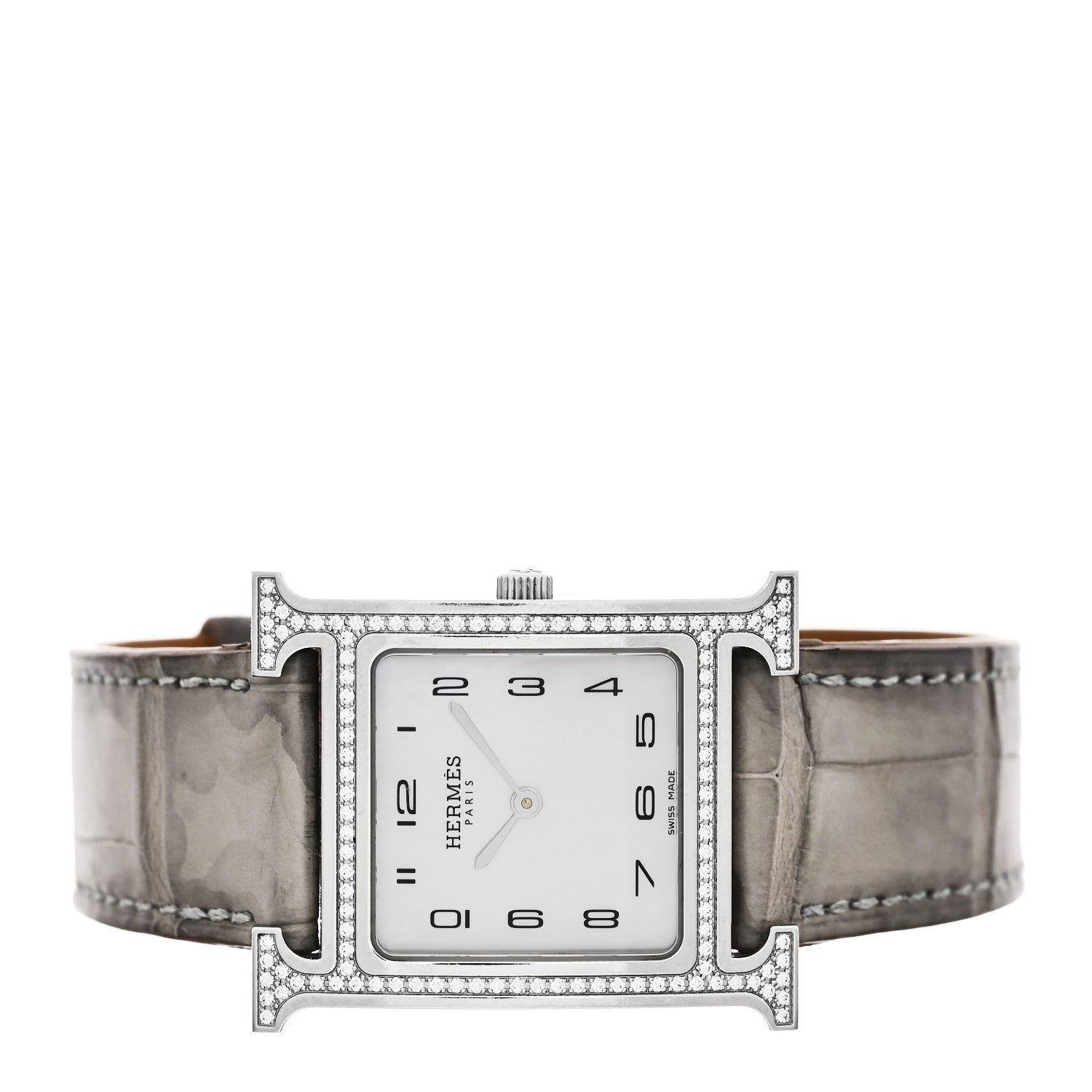 Hermes Stainless Steel Alligator Diamond Bezel Mother of Pearl 26mm Heure H Hour Quartz Watch Gris Perle 2 of 5