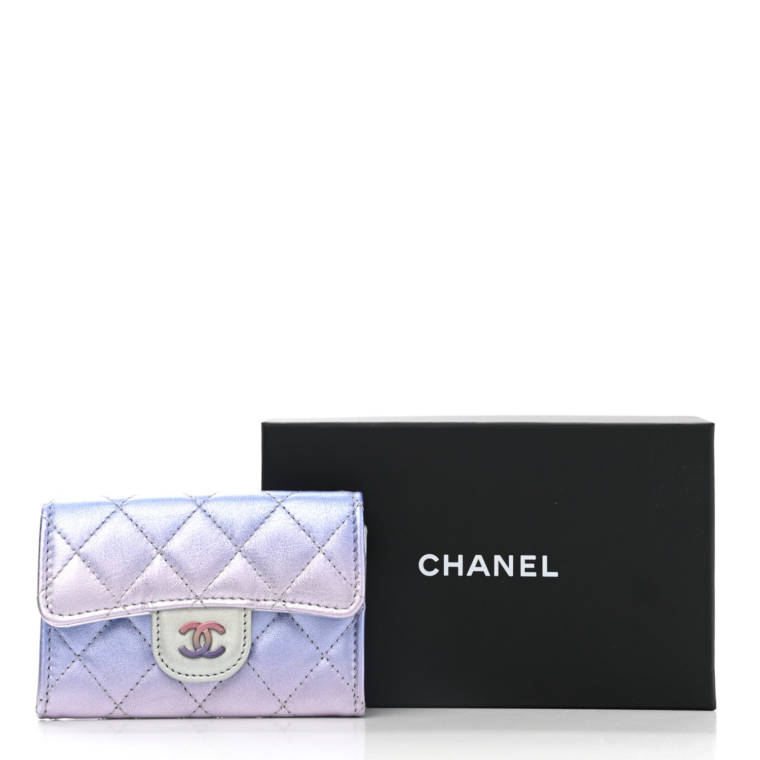 Chanel Gradient Metallic Calfskin Quilted Flap Card Holder Wallet Silver Blue Yellow Purple 9 of 9