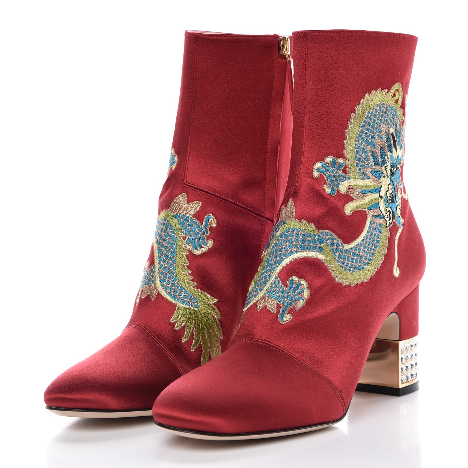 Gucci Silk Satin Malaga Kid Embroidered Candy Dragon Block-Heel Ankle Boot 38.5 Hibiscus Red 6 of 13
