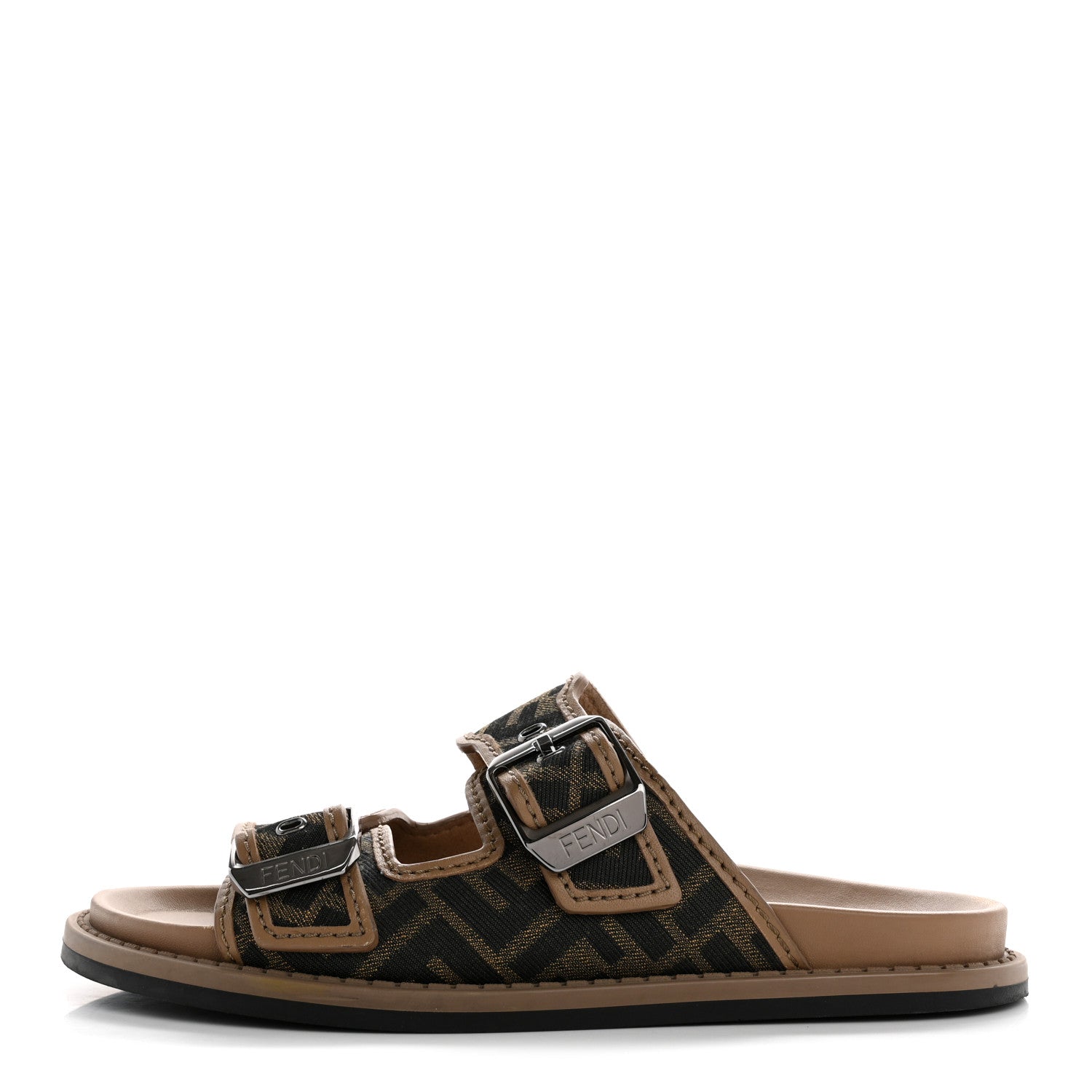 Fendi Fabric Jacquard Nappa FF Mens Fendi Feel Buckled Slide Sandals 5 Tobacco Black Miele Scuro 1 of 10