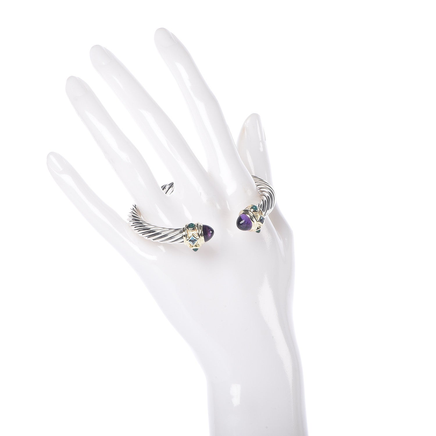 David Yurman Sterling Silver 14K Yellow Gold Amethyst Emerald Topaz 7mm Cable Renaissance Bracelet 2 of 3