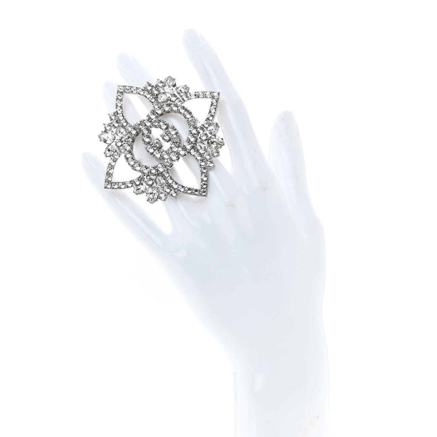 Metal Crystal Interlocking G Flower Ring S Silver