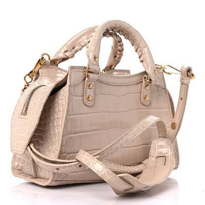 Balenciaga Shiny Supple Calfskin Crocodile Embossed Neo Classic Gold Hardware Mini City Light Beige 3 of 12
