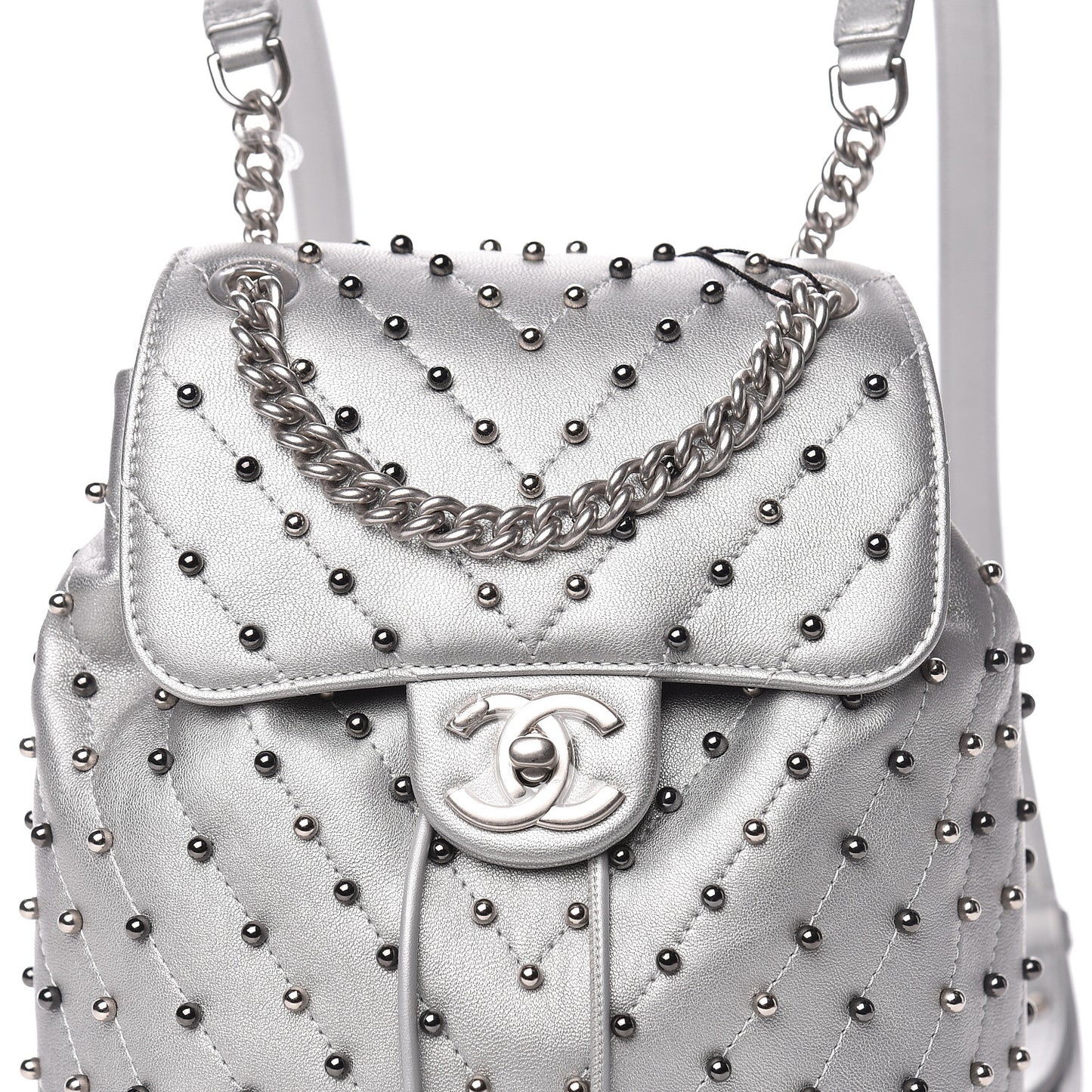 Metallic Lambskin Chevron Quilted Studded Stud Wars Backpack Silver