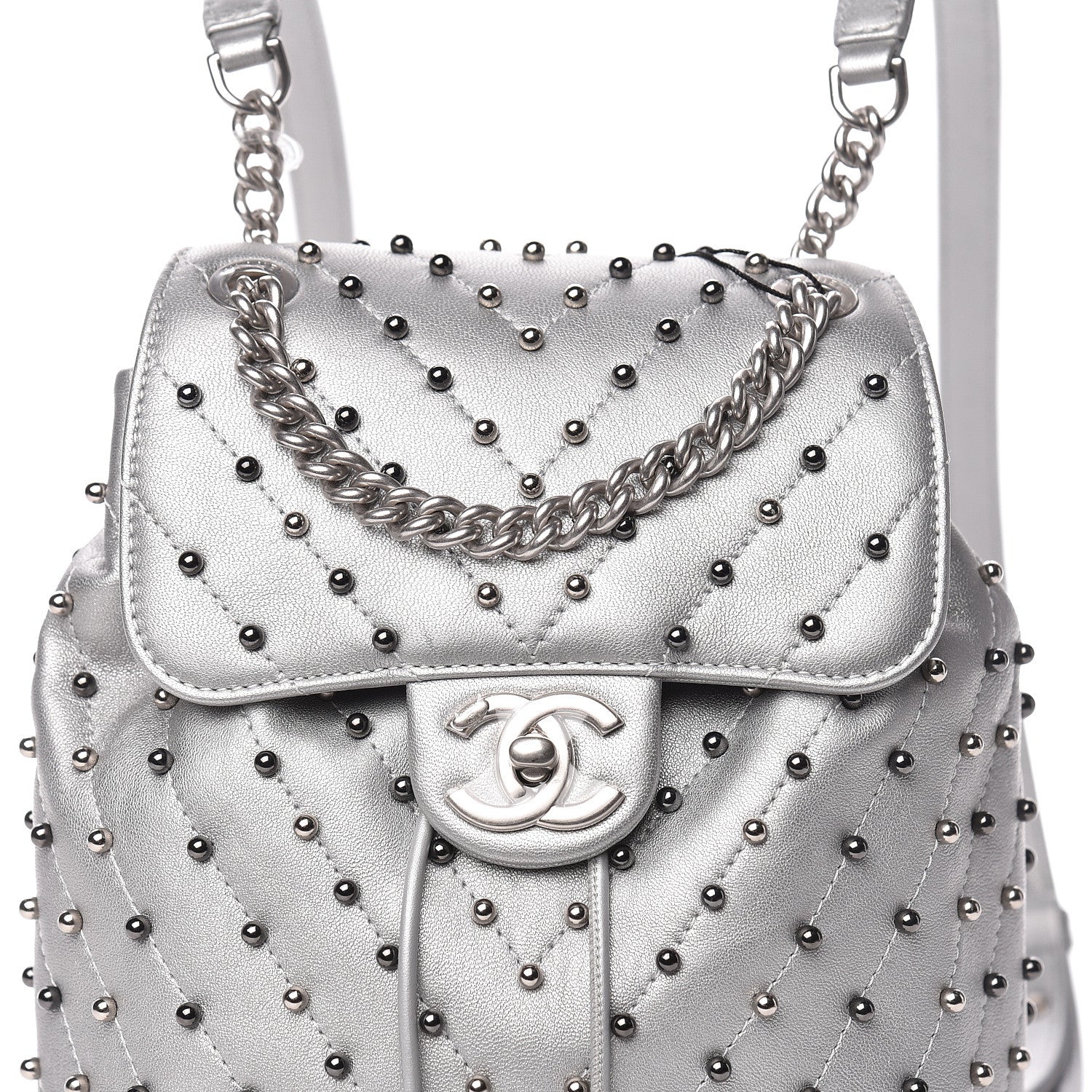 Chanel Metallic Lambskin Chevron Quilted Studded Stud Wars Backpack Silver 8 of 10