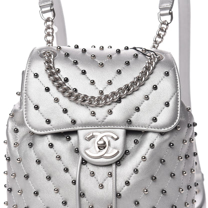 Chanel Metallic Lambskin Chevron Quilted Studded Stud Wars Backpack Silver 8 of 10