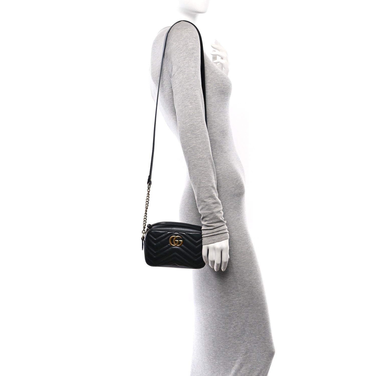 Gucci Calfskin Matelasse Mini GG Marmont Chain Shoulder Bag Black 2 of 9