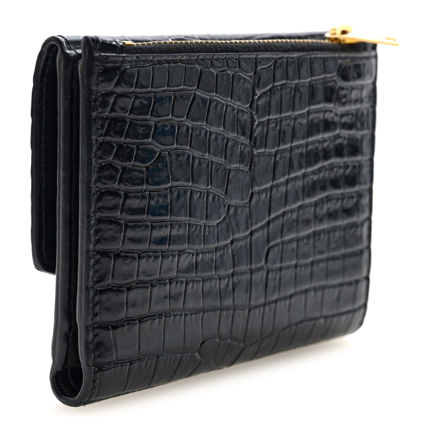 Shiny Calfskin Crocodile Embossed Monogram Uptown Compact Wallet Black
