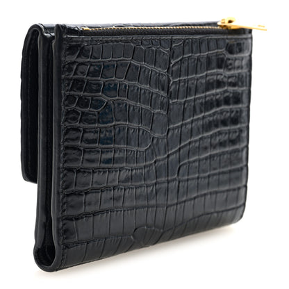 Saint Laurent Shiny Calfskin Crocodile Embossed Monogram Uptown Compact Wallet Black 3 of 7