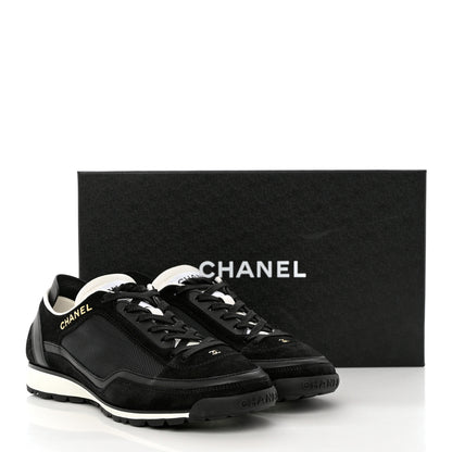 Chanel Suede Calfskin Fabric CC Sneakers 37 Black White 10 of 10