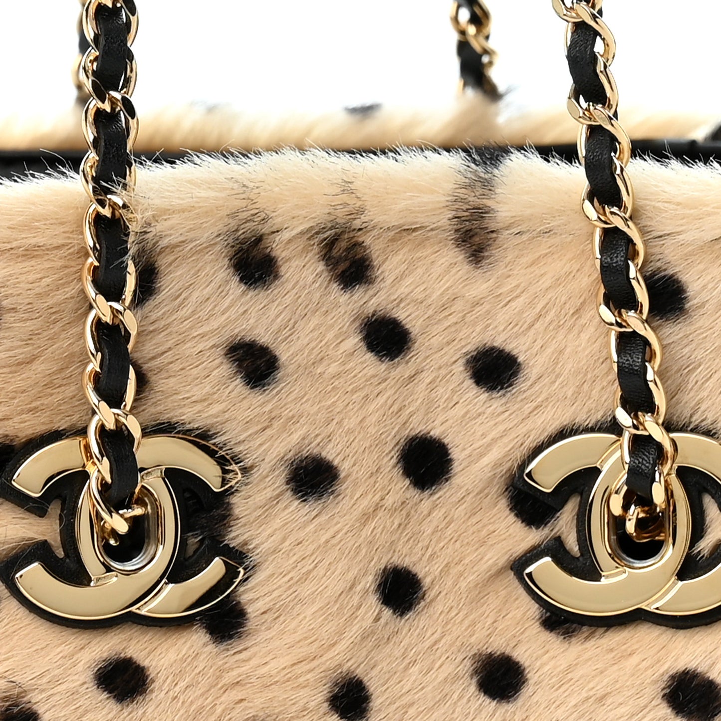 Pony Hair Cheetah Printed CC Chain Bucket Bag Light Beige Black