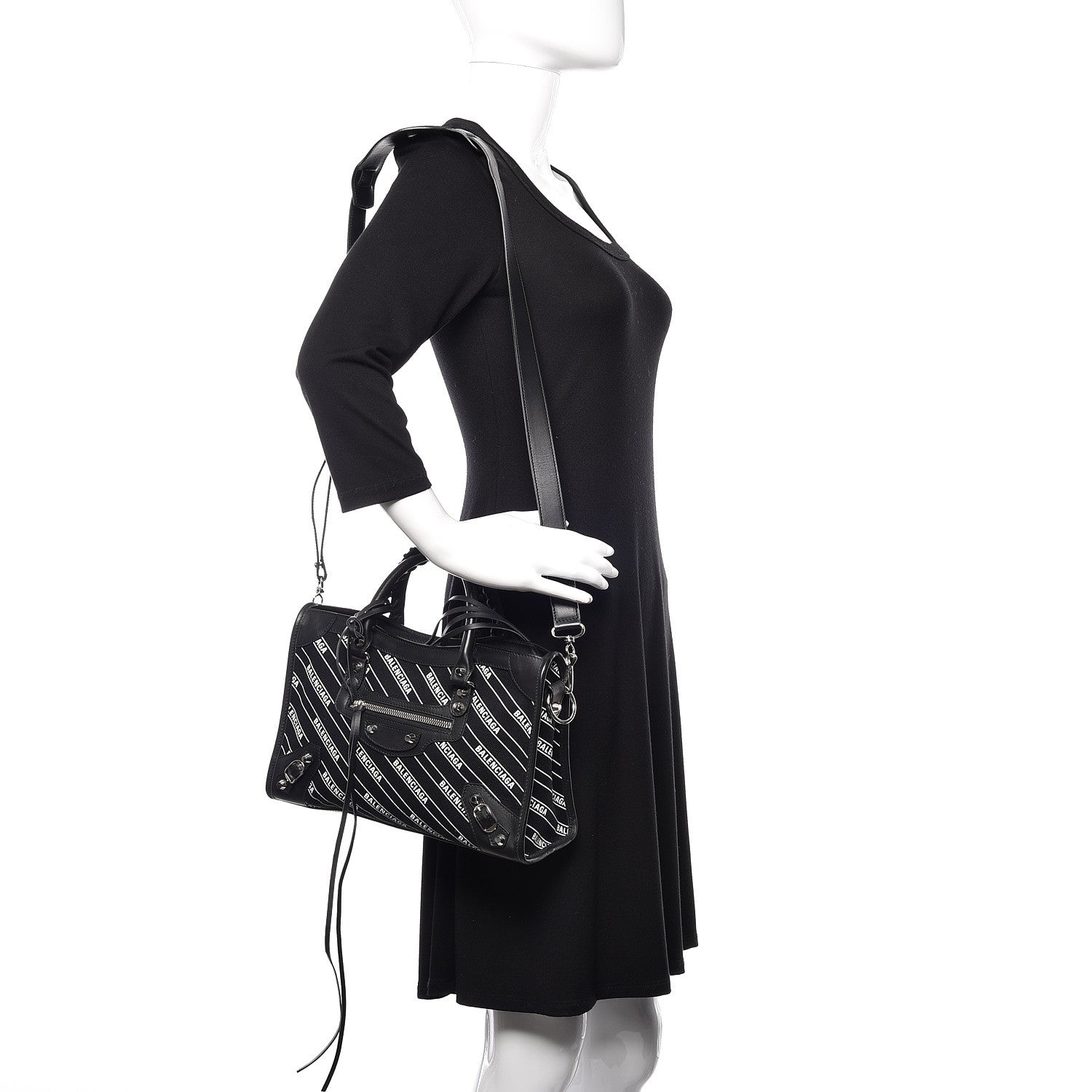Balenciaga Canvas Satin Calfskin Diagonal Allover Logo Print Classic Silver Hardware S City Black White 2 of 11