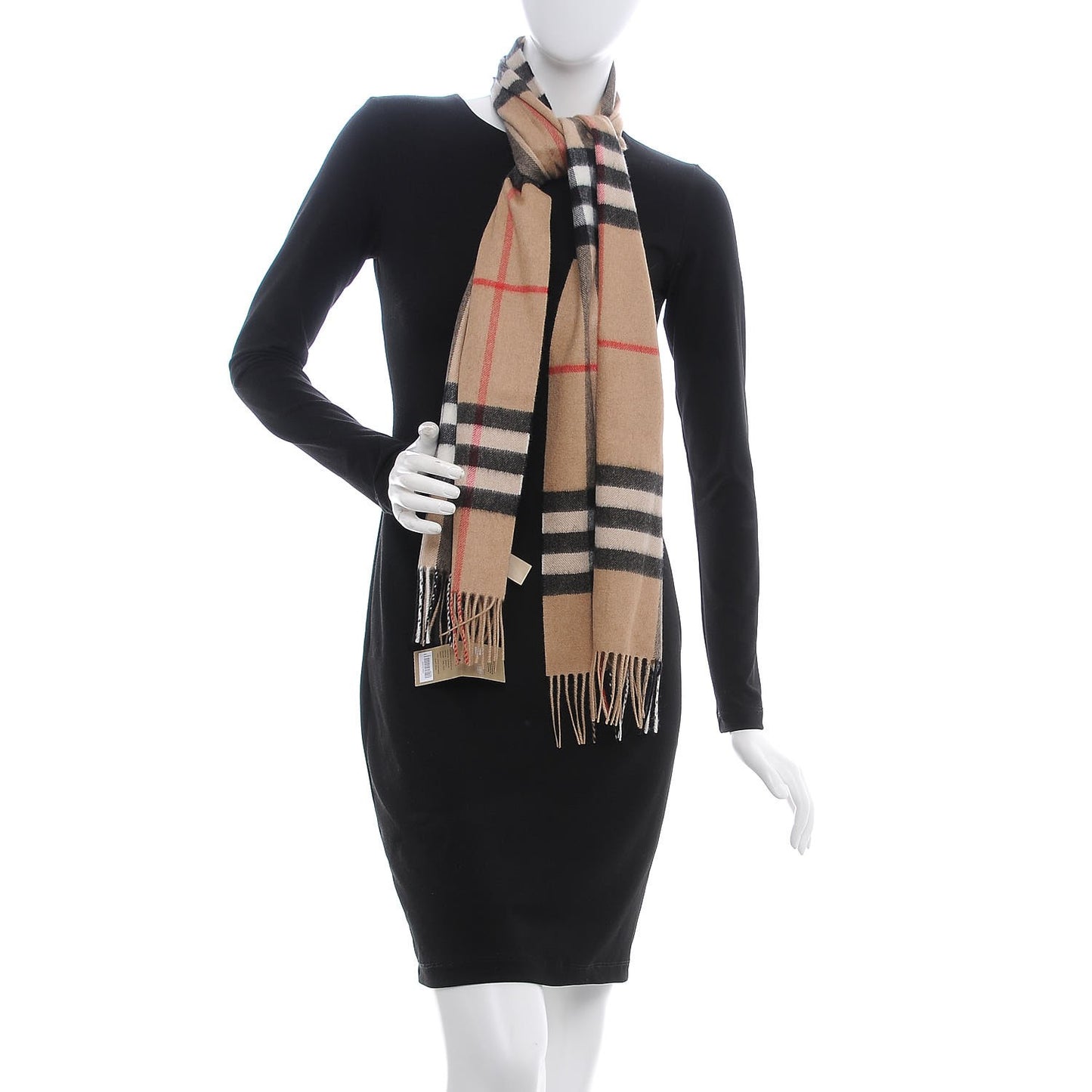 Cashmere Giant Check Fringe Scarf Camel
