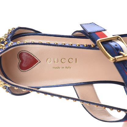 Gucci Metallic Nappa Silk Grosgrain Studded Sylvie Web Bamboo Low Heel Pumps 39.5 Sapphire 7 of 9