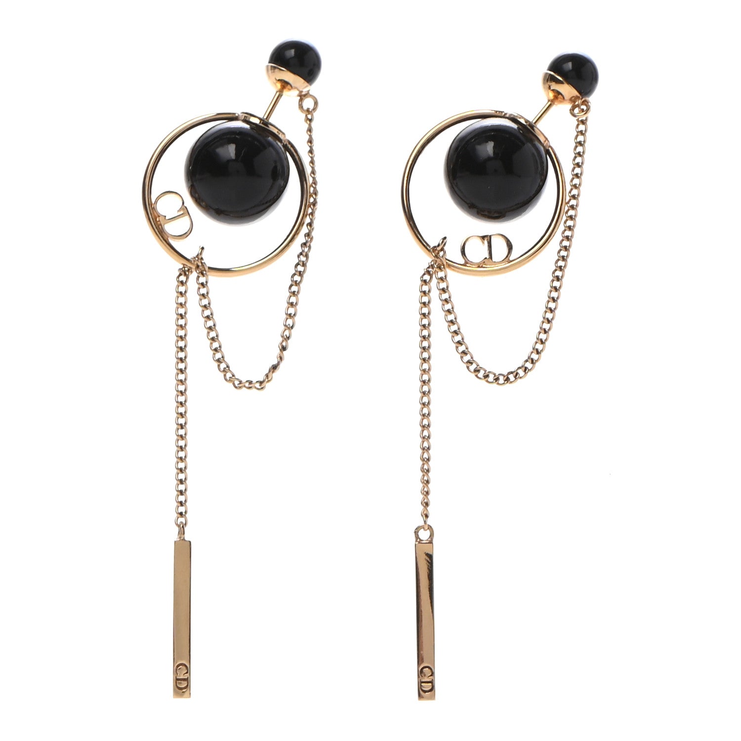 Christian Dior Pearl Tribales Dangle Chain Earrings Black Gold 1 of 4