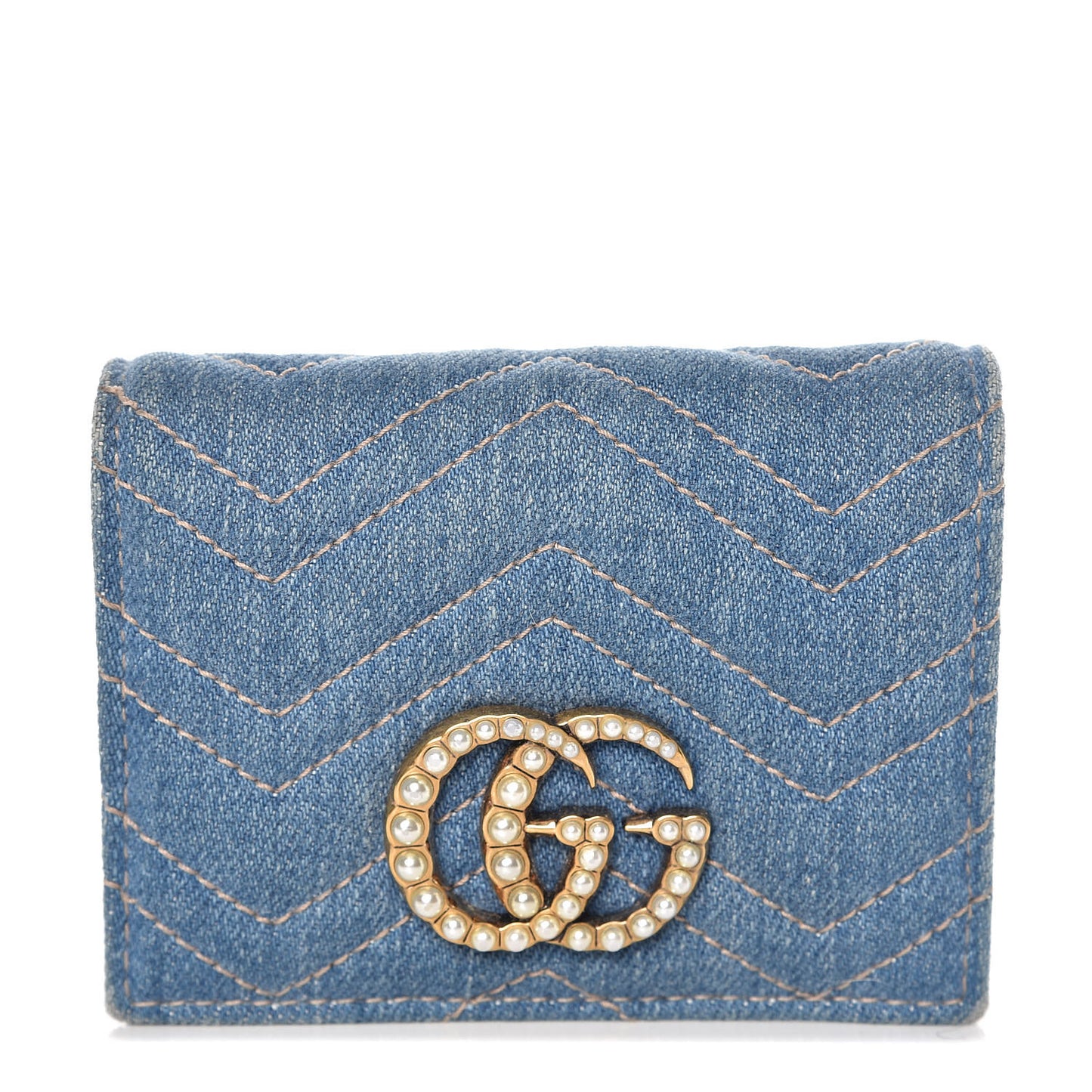 Denim Matelasse Pearly GG Marmont Card Case Wallet Blue