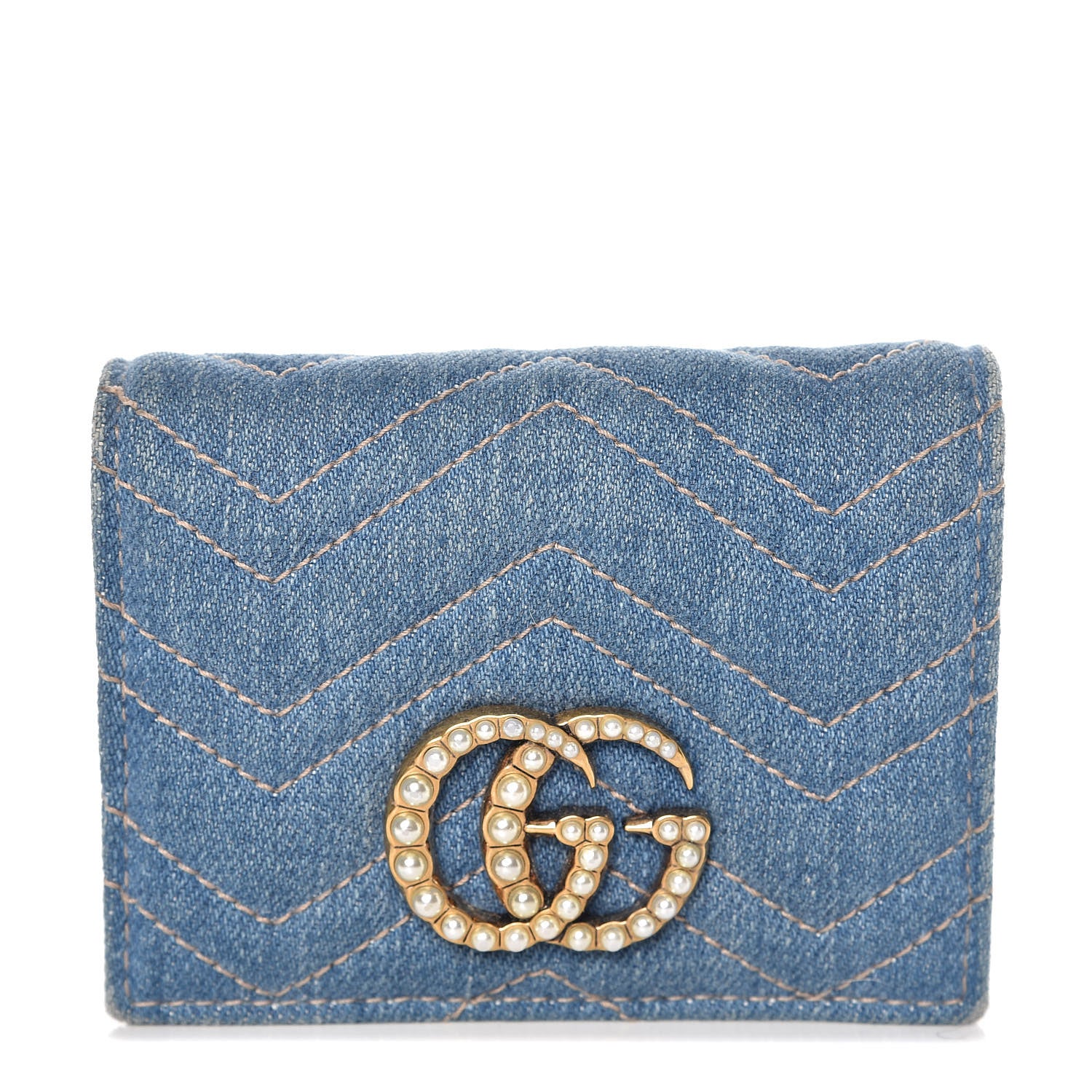 Gucci Denim Matelasse Pearly GG Marmont Card Case Wallet Blue 1 of 10