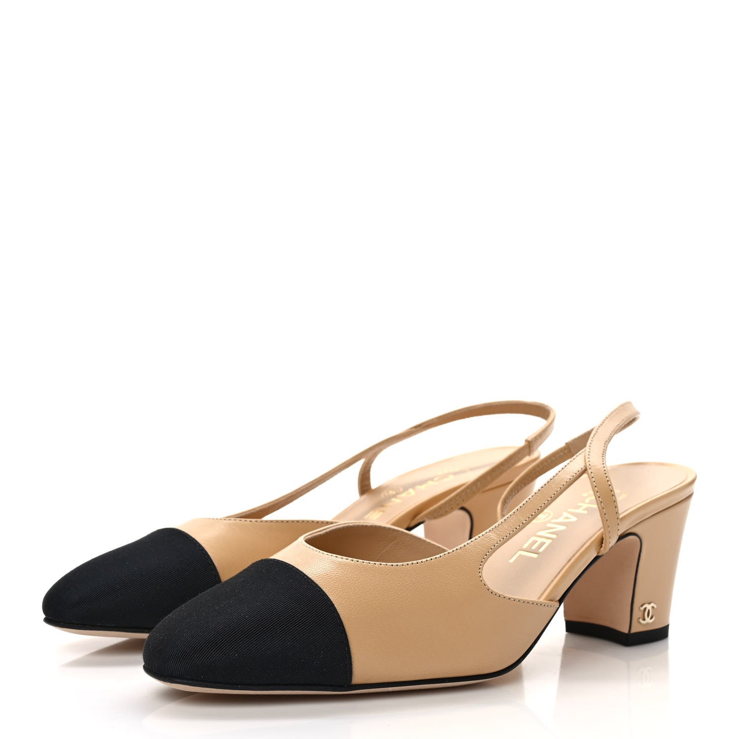 Chanel Goatskin Grosgrain Cap Toe CC Slingback Pumps 37 Beige Black 3 of 8