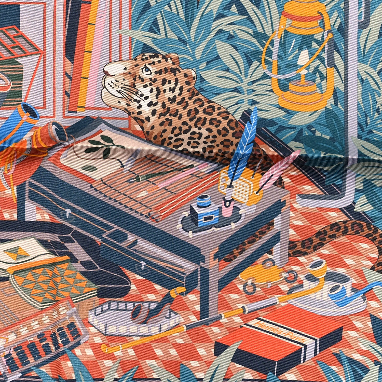 Hermes Silk Les Douze Leopards Double Face Scarf 90 Rose Poudre