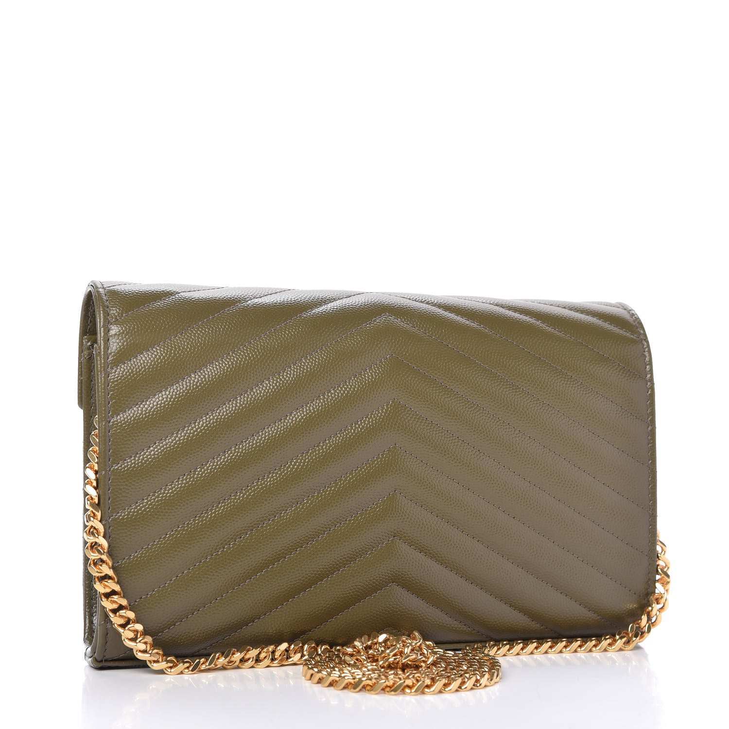 Saint Laurent Grain De Poudre Matelasse Chevron Monogram Chain Wallet Vert Kaki 3 of 9