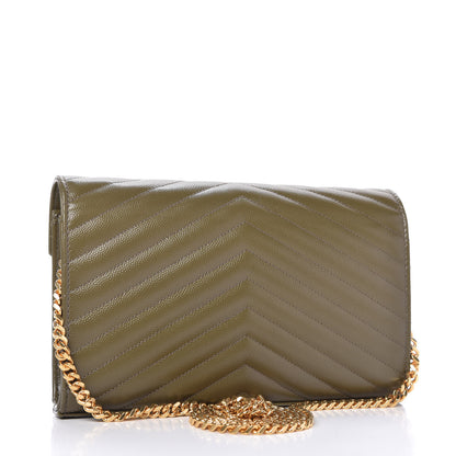Saint Laurent Grain De Poudre Matelasse Chevron Monogram Chain Wallet Vert Kaki 3 of 9