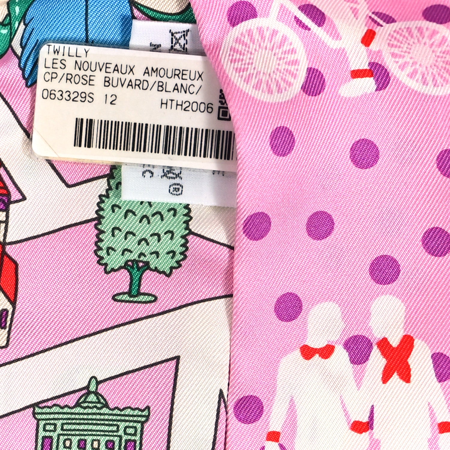 Hermes Silk Les Nouveaux Amoureux de Paris Twilly Rose Buvard White Vert 4 of 4