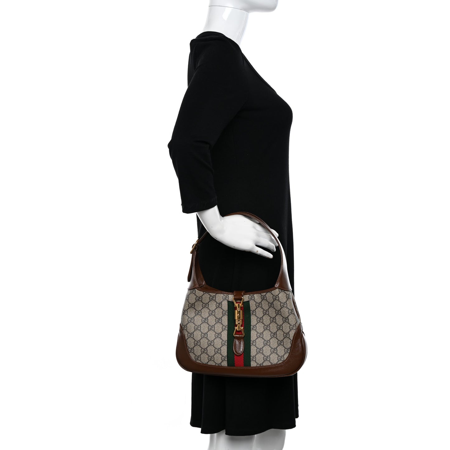 GG Supreme Monogram Azalea Calfskin Web Small Jackie 1961 Hobo Beige Ebony Brown Sugar