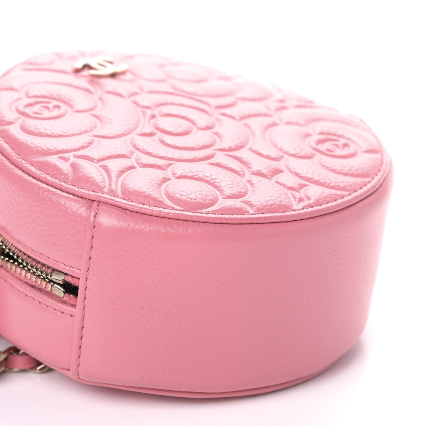 Caviar Camellia Embossed Round Clutch With Chain Pink