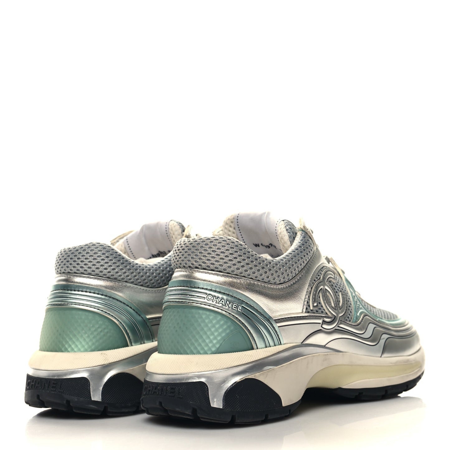 Fabric Laminated Calfskin Stretch CC Womens Sneakers 37 Green Silver