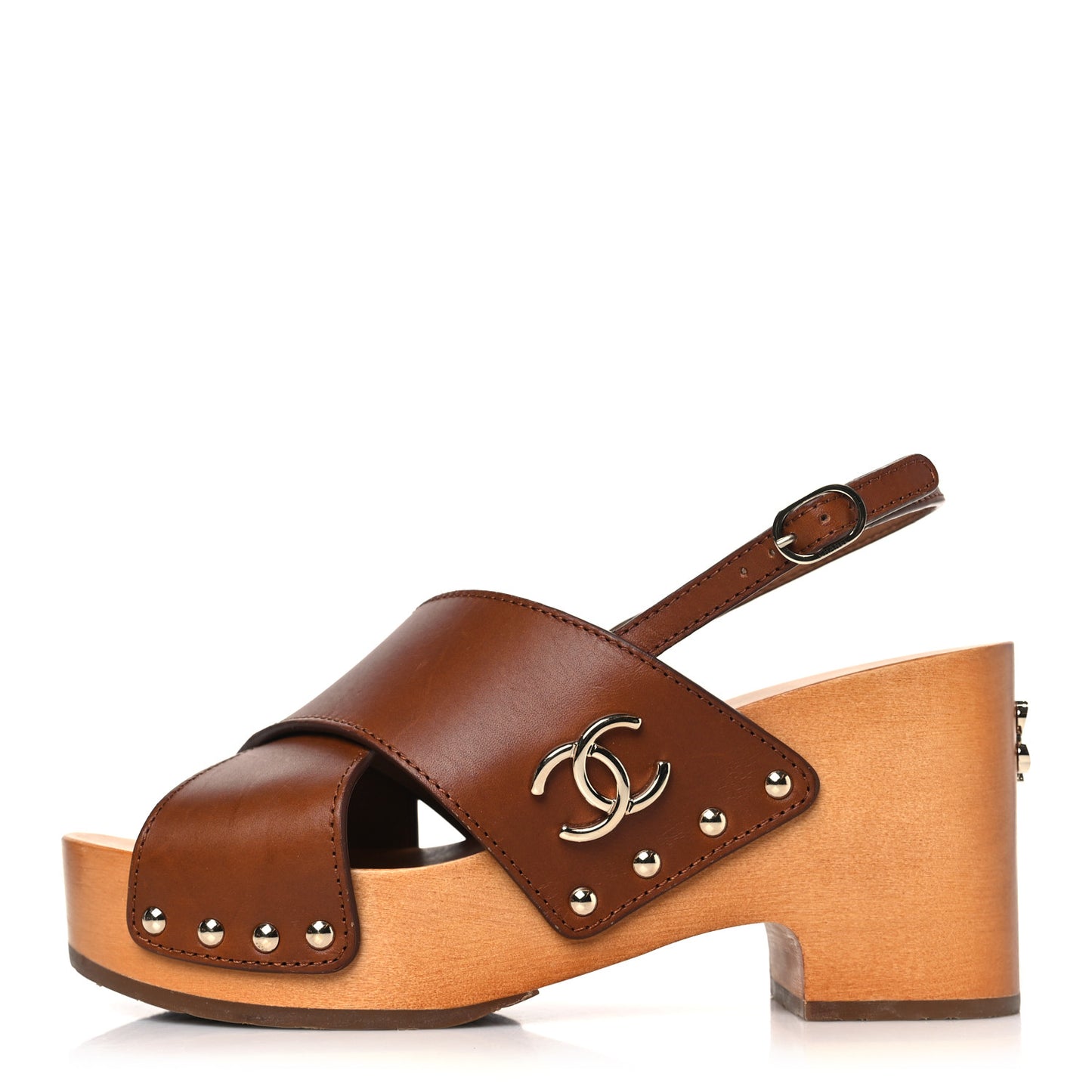 Calfskin Studded Slingback Clog Sandals 37 Dark Brown