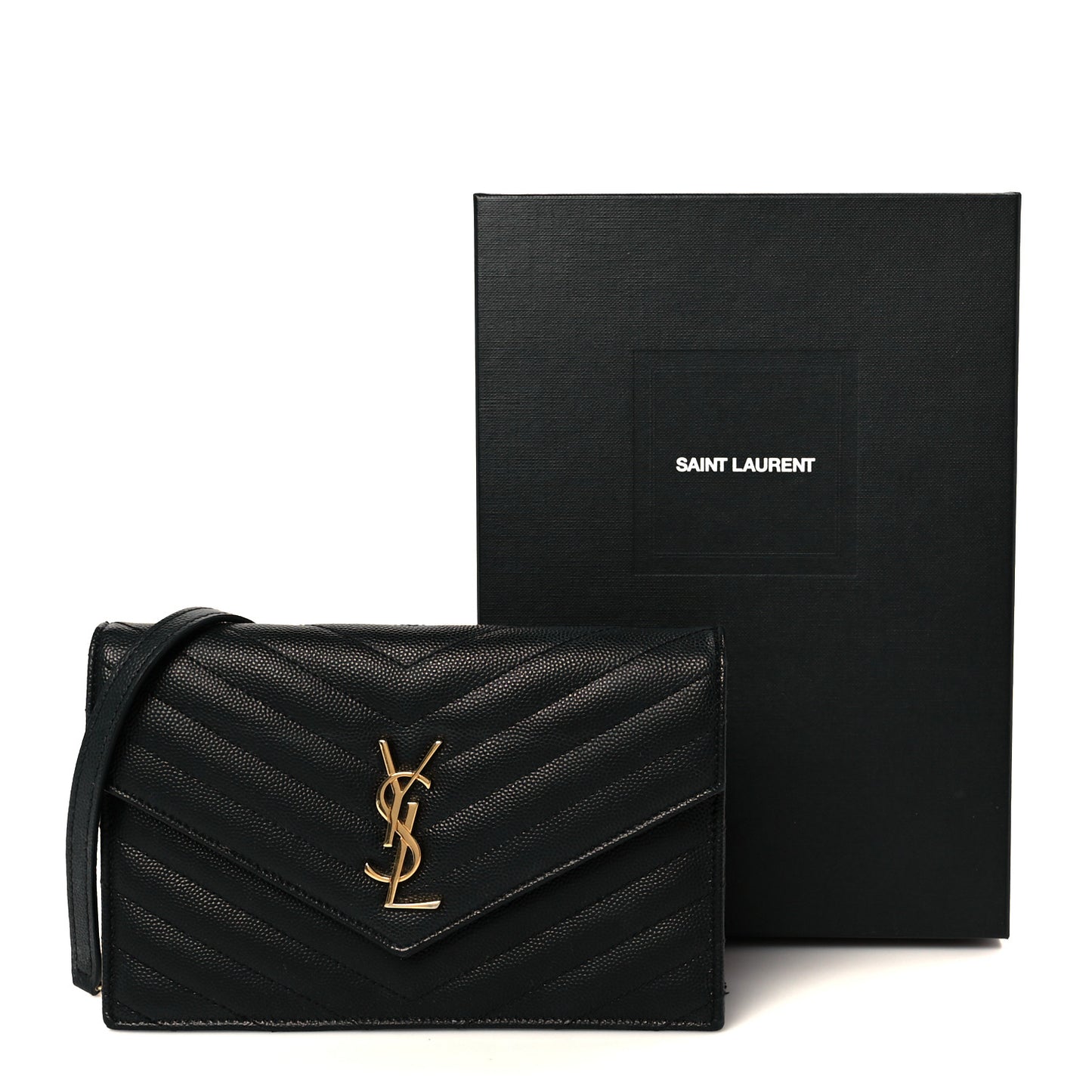 Grain De Poudre Matelasse Chevron Monogram Envelope Chain Wallet Black