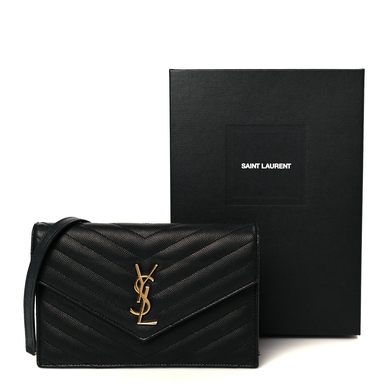 Saint Laurent Grain De Poudre Matelasse Chevron Monogram Envelope Chain Wallet Black 10 of 10