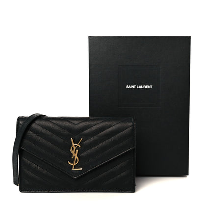 Saint Laurent Grain De Poudre Matelasse Chevron Monogram Envelope Chain Wallet Black 10 of 10