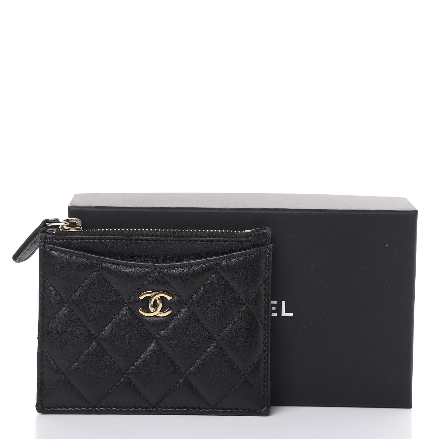 Lambskin Quilted Zip Card Holder Black