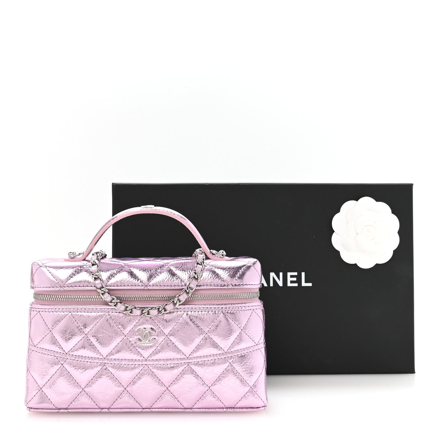 Metallic Calfskin Quilted Slim Vanity With Chain Pink
