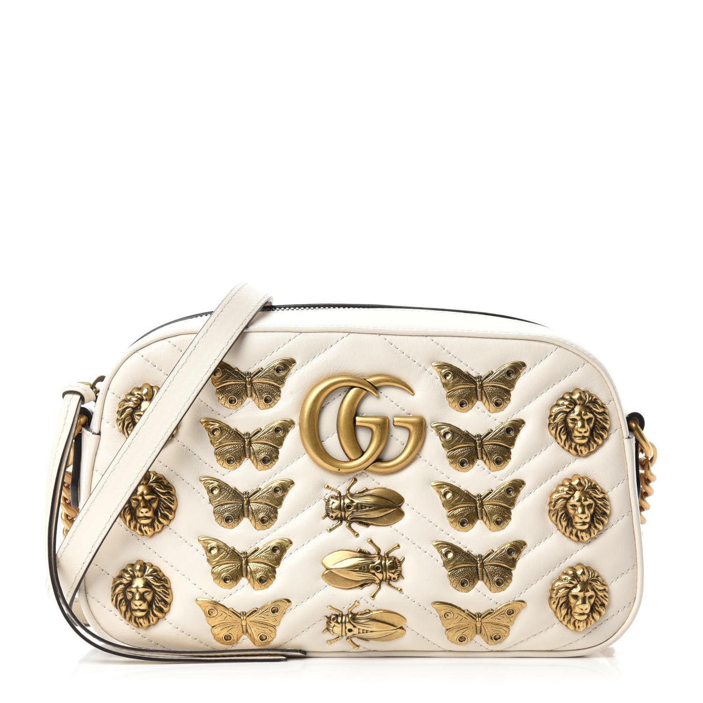 Calfskin Matelasse Animal Studs Small GG Marmont Chain Shoulder Bag White