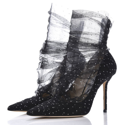 Jimmy Choo Suede Tulle Lavish 100 Pumps 37.5 Black Silver 3 of 9