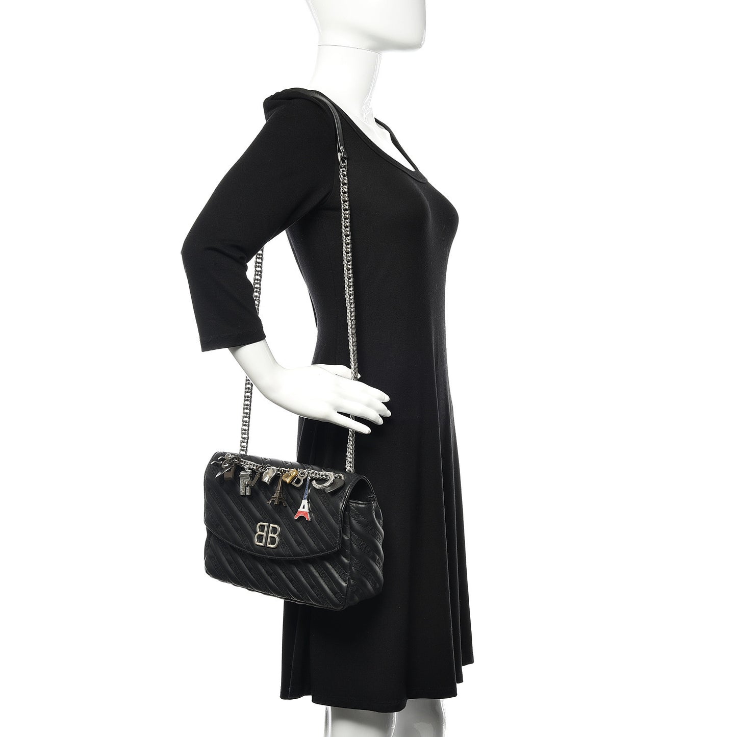Calfskin Charms Logo Matelasse M BB Round Shoulder Bag Black