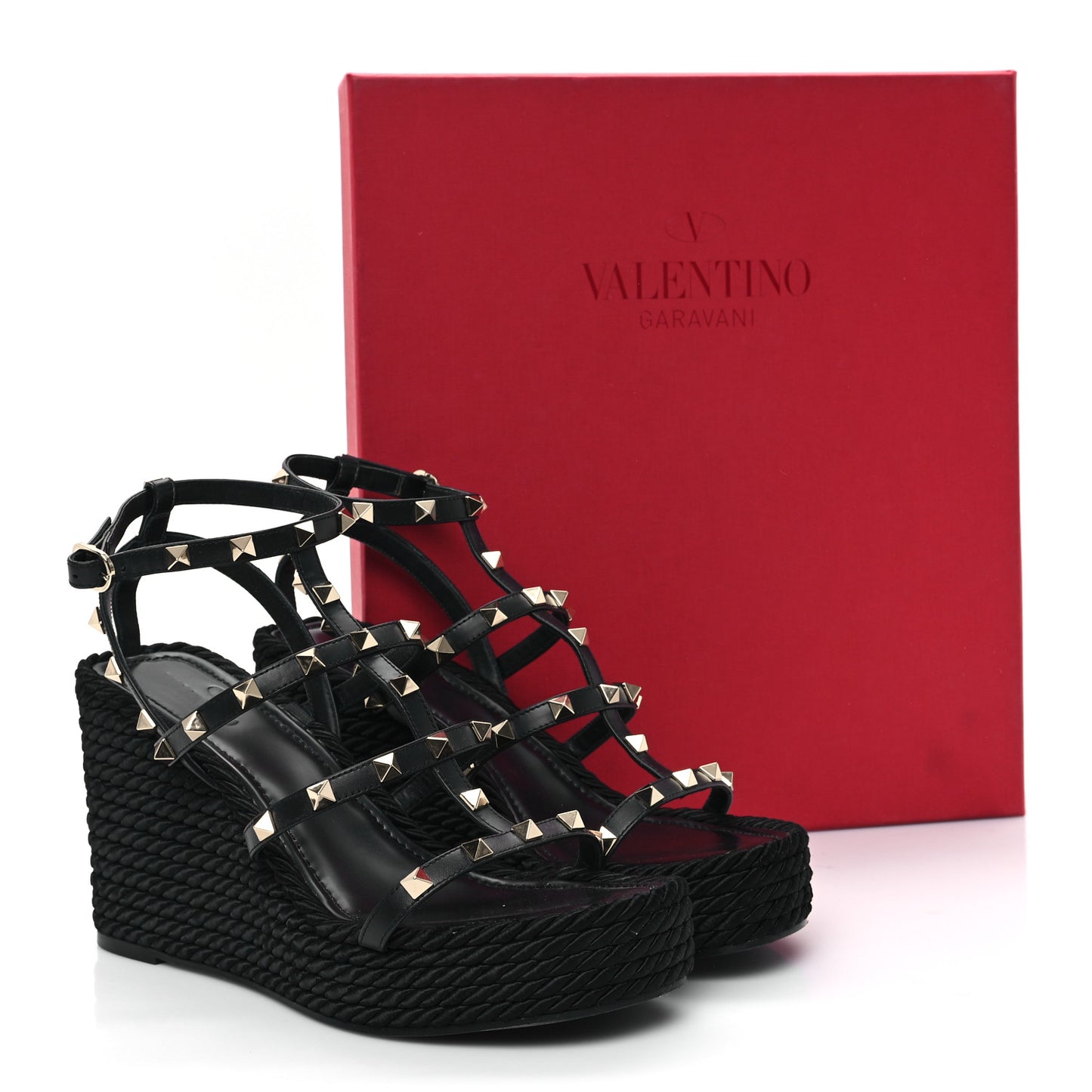 Calfskin Rockstud Ankle Strap Torchon Espadrille Caged 25/95mm Wedge Sandals 40 Black