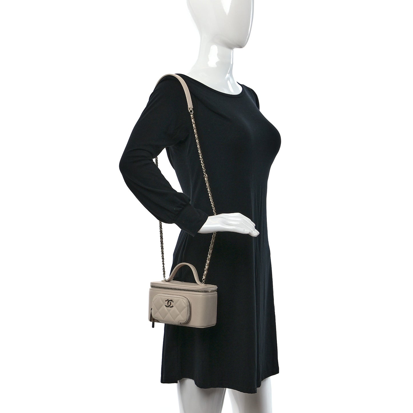 Caviar Quilted Top Handle Pocket Vanity Case Beige
