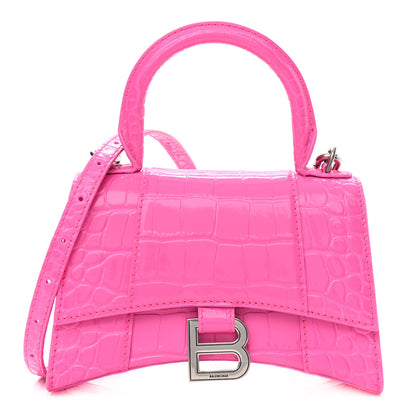 Balenciaga Shiny Calfskin Crocodile Embossed Hourglass Top Handle Bag XS Neon Pink 1 of 12