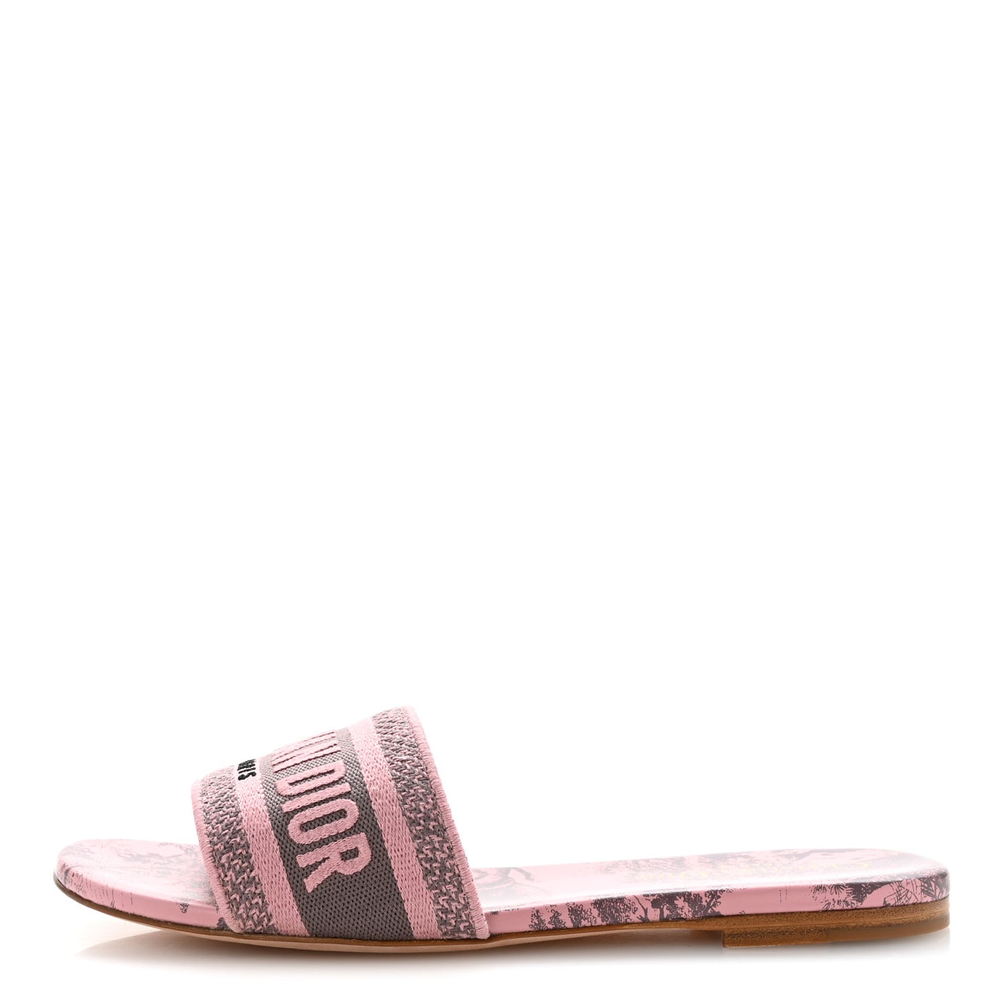 Canvas Toile De Jouy Embroidered Dway Flat Slide Sandals 37.5 Chateau Rose