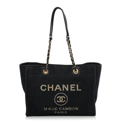 Chanel Lurex Canvas Small Deauville Tote Navy Blue Gold 1 of 11