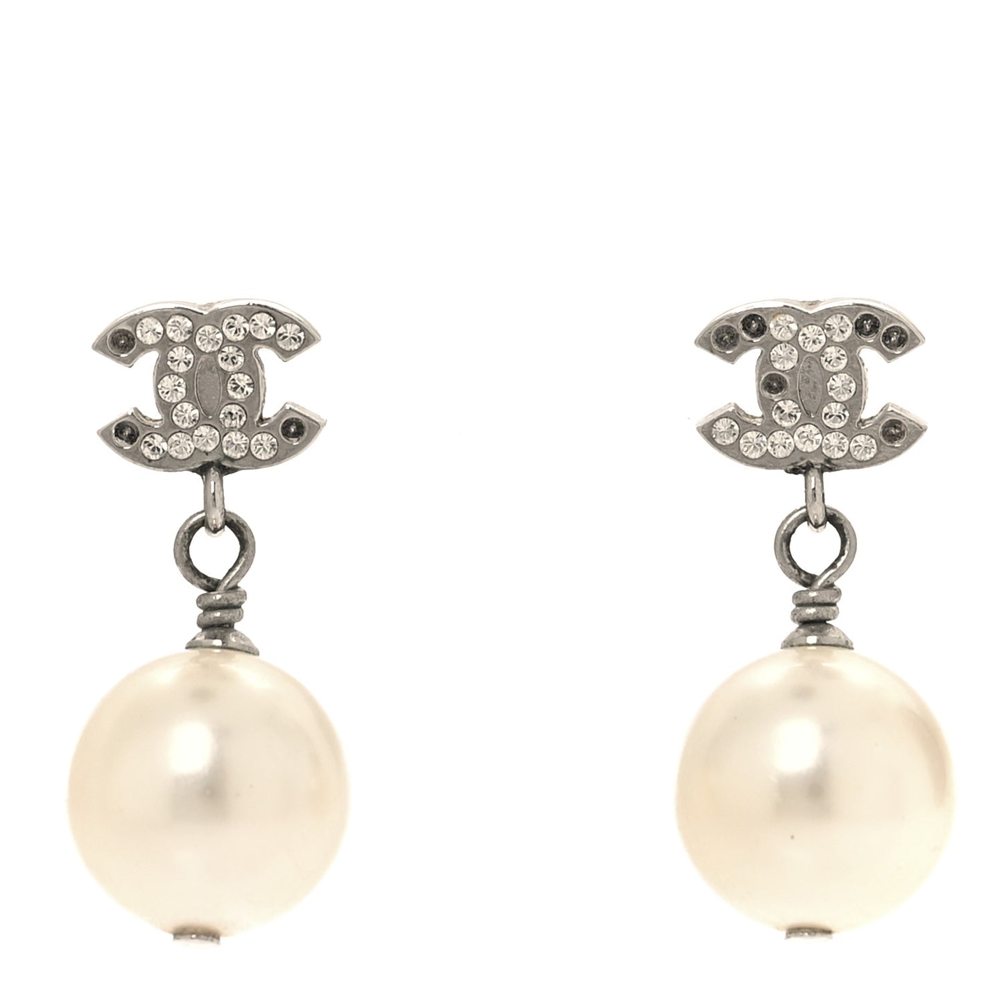 Crystal Pearl CC Drop Earrings Silver Pearly White