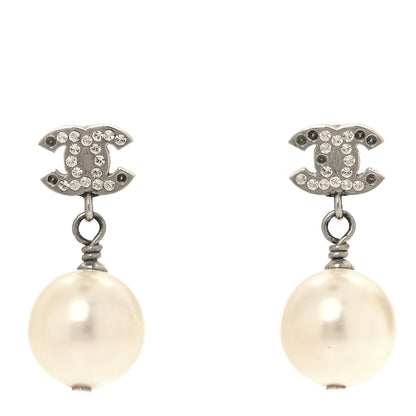 Chanel Crystal Pearl CC Drop Earrings Silver Pearly White 1 of 7