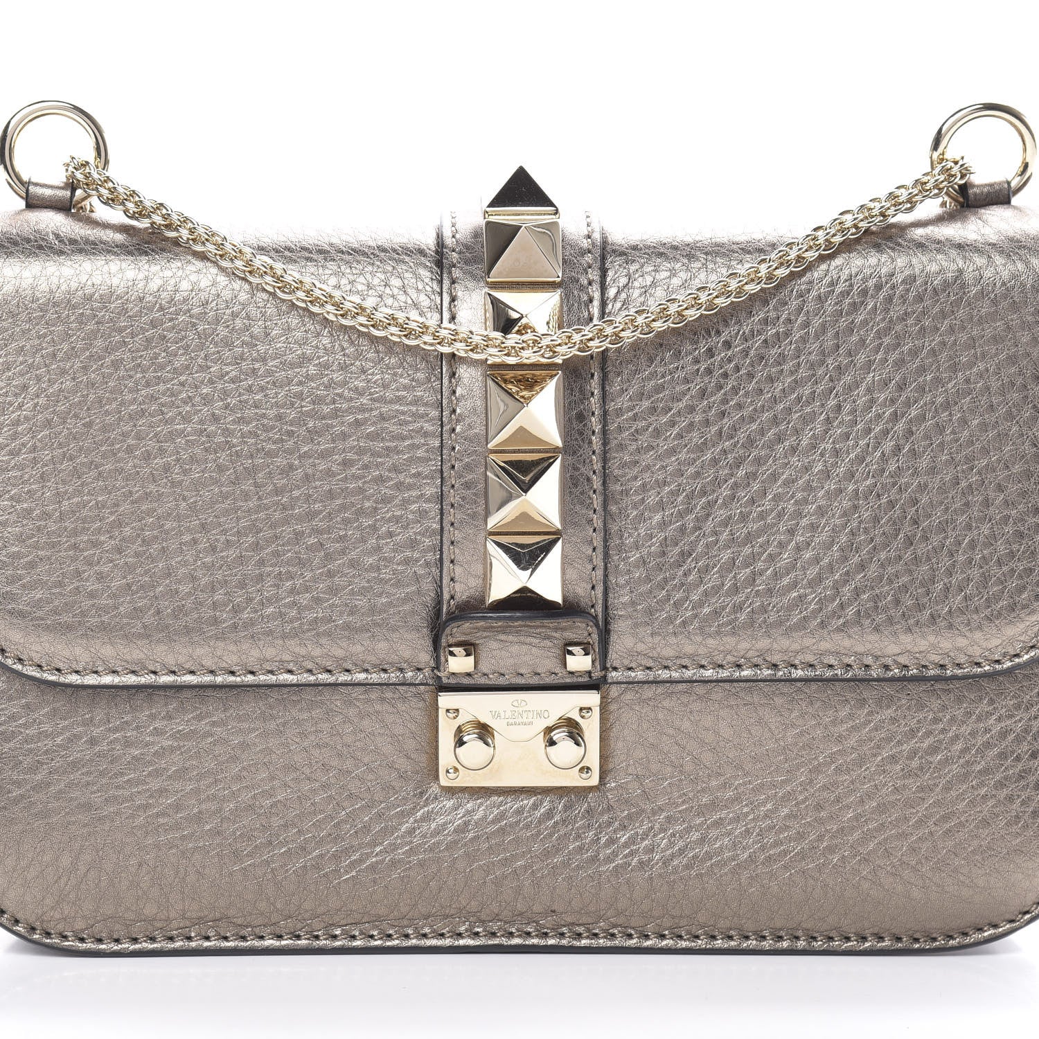 Valentino Garavani Metallic Vitello Medium Glam Lock Rockstud Flap Sasso 7 of 9
