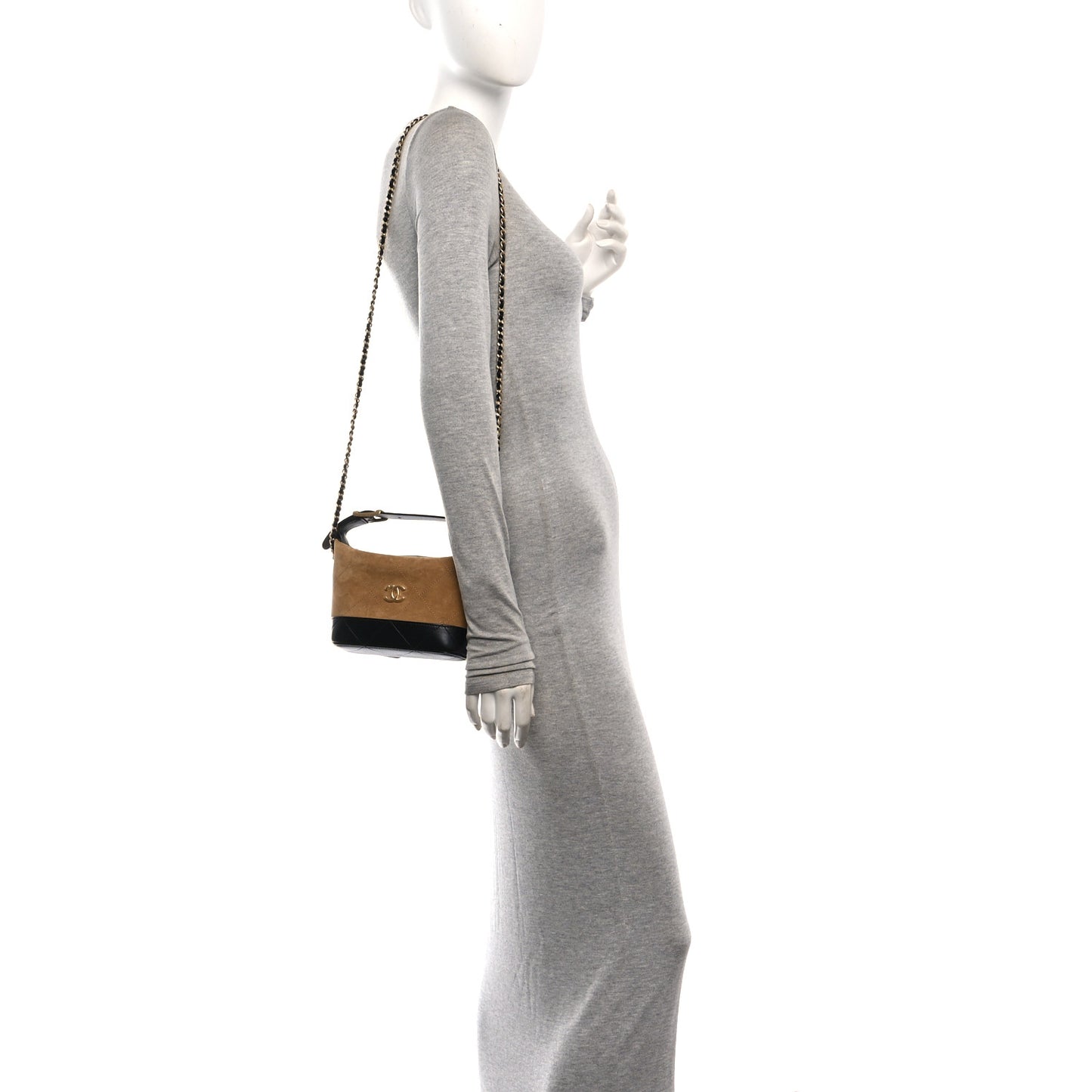 Suede Calfskin Shiny Lambskin Quilted Coco Base Hobo Clutch With Chain Beige Black
