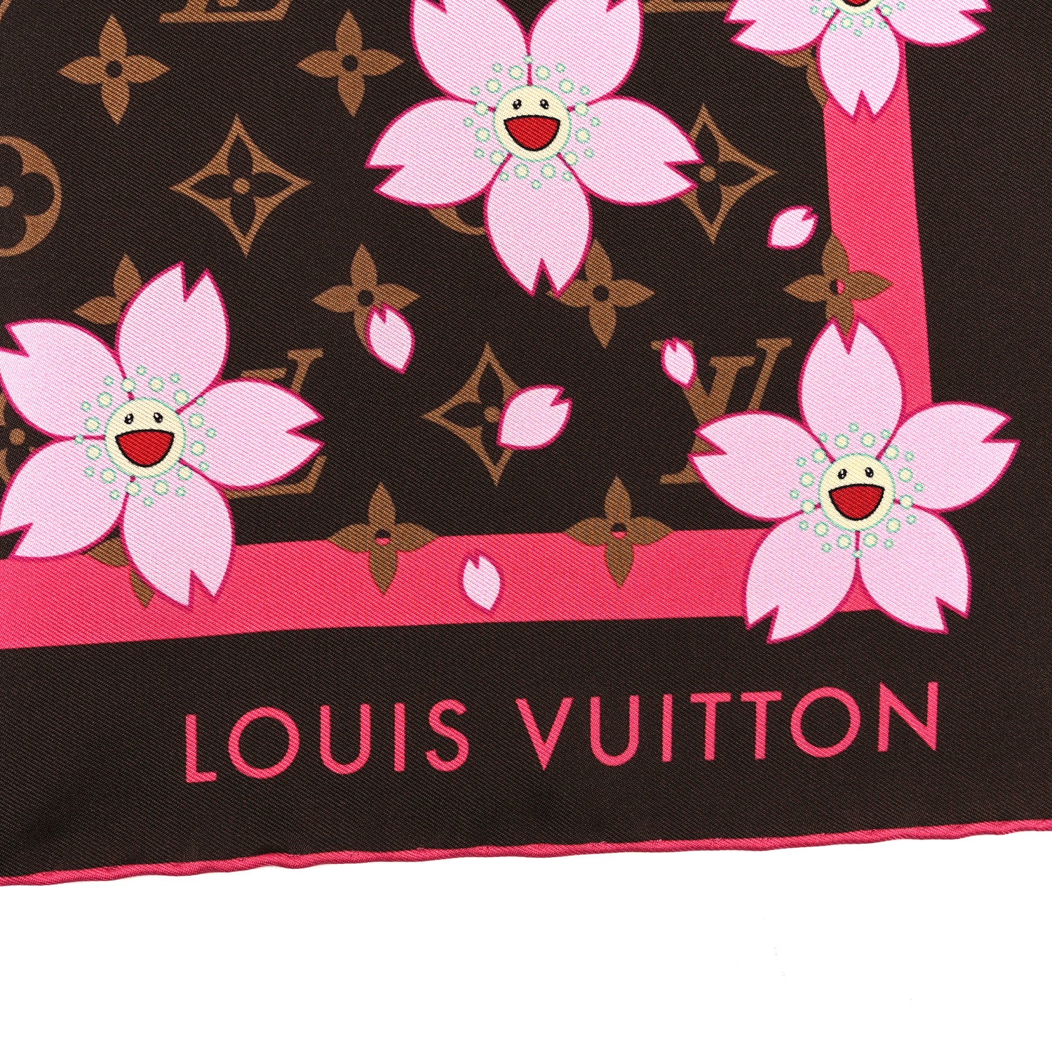 Louis Vuitton LV X TM Silk Cotton Monogram Cherry Blossom Square Scarf 70 Sakura Brown 2 of 3