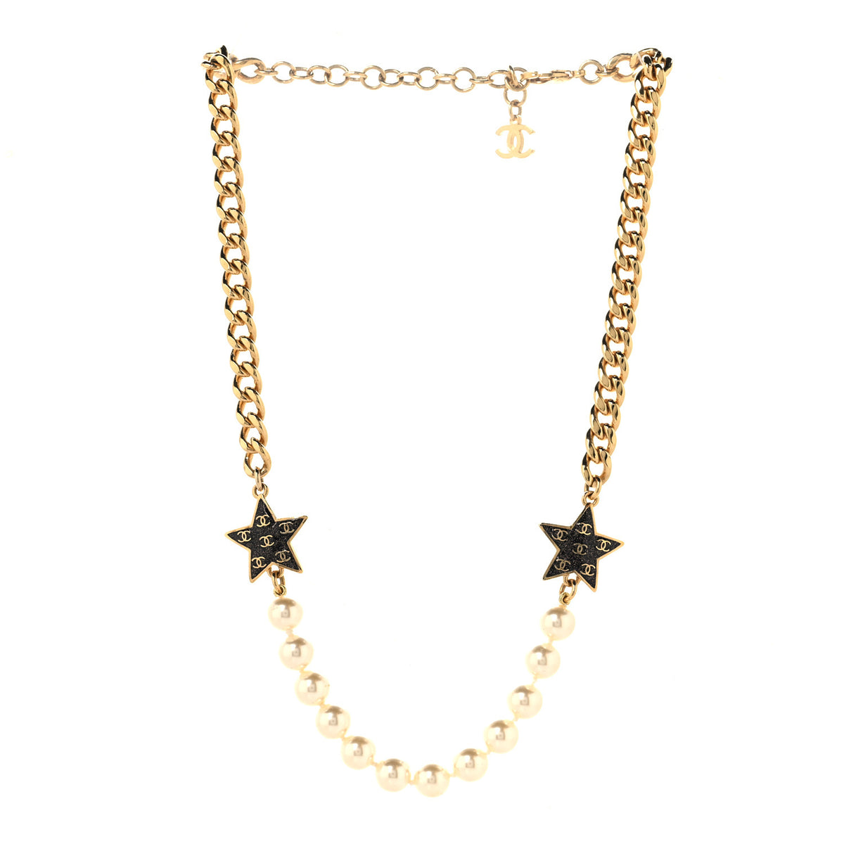 Metal Enamel Pearl Star CC Necklace Gold White