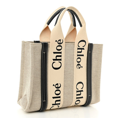 Chloe Cotton Calfskin Small Woody Ribbon Tote With Strap White Navy 2 of 10